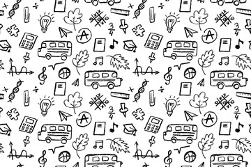Seamless pattern with school icons like bus, leaf, note, and bulb in black color. Ideal for back to school or kindergarten designs, educational prints, and creative classroom projects. Vector bg