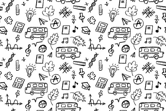 Seamless pattern with school icons like bus, leaf, note, and bulb in black color. Ideal for back to school or kindergarten designs, educational prints, and creative classroom projects. Vector bg