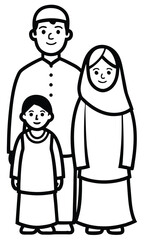 a line art drawing illustration of a Muslim family consisting of a father, mother, and child