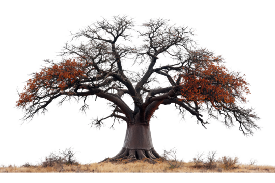 Majestic baobab tree with sprawling branches and vibrant orange leaves against a muted background background removed
