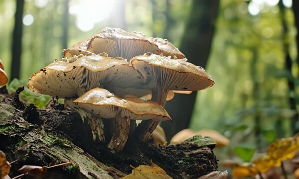 Cluster of Brown Mushrooms Growing on a Mossy Log in a Forest Under Soft Sunlight in Autumn