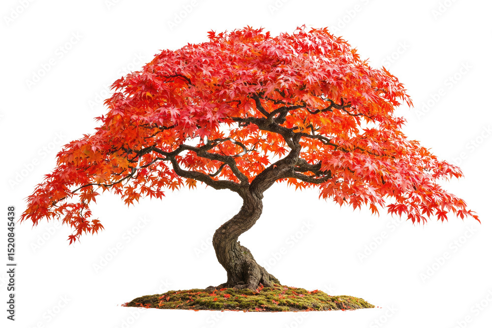 Poster a stunning bonsai tree with vibrant red autumn foliage, showcasing intricate branching and meticulou