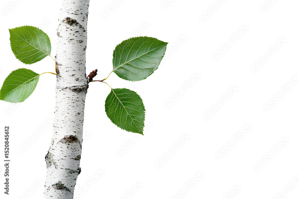 Poster close-up of a birch tree branch with vibrant green leaves against a muted transparent background bac