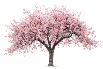 A vibrant pink cherry blossom tree in full bloom, isolated on a transparent background background removed