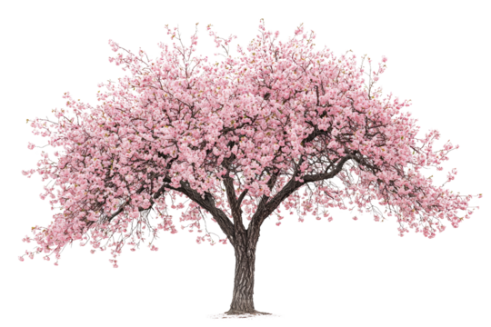 A vibrant pink cherry blossom tree in full bloom, isolated on a transparent background background removed