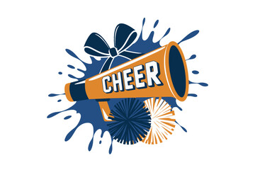 Cheer Megaphone with Bow and Pom Pom Design, Dynamic cheerleading graphic featuring an orange megaphone, blue bow, and pom pom with splash background, symbolizing spirit and energy.

