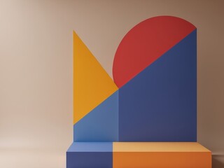 Abstract Geometric Composition. Red, Blue, and Yellow Shapes on a Beige Background.