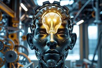 Obraz premium Human Heads Sculpted from Gears with a Luminescent Light Bulb Essence Representing Innovative Thought and Technology