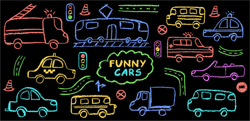 Funny cars set. Colorful vector drawing of vehicles including tram, taxi, police car, ambulance, fire truck, and convertible. Wax pastel and charcoal texture create a fun school or kindergarten vibe. © A_Y_N