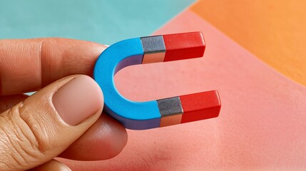 Hand holding a colorful horseshoe magnet against a vibrant background