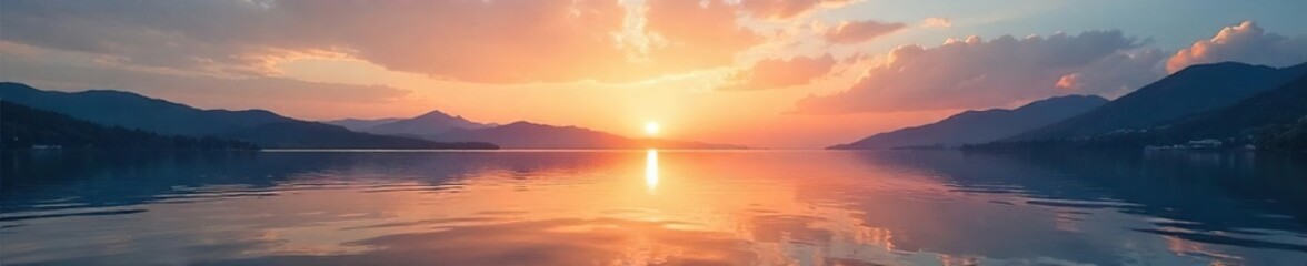 Obraz premium Serene waterfront scene at sunrise, calm water reflecting the sky, tranquil atmosphere, perfect for relaxation or travel themes , serene, color