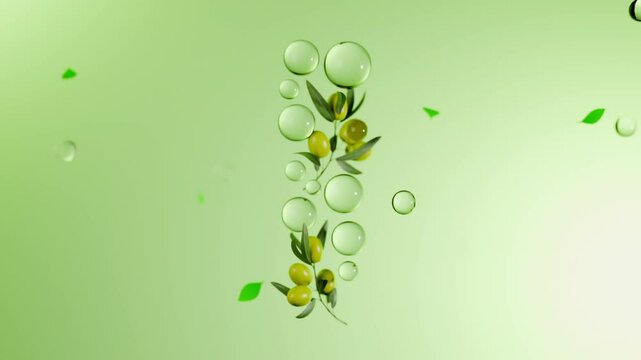 Fresh olive branches and floating essence bubbles gradually form the shape of a cosmetic tube on a light green background. Abstract creative scene for olive extract cosmetics advertisement