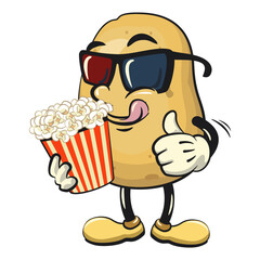 cute cartoon potato mascot vector with a bucket of popcorn with wearing 3d glasses, happy smiling character isolated on transparent background, work of hand drawn