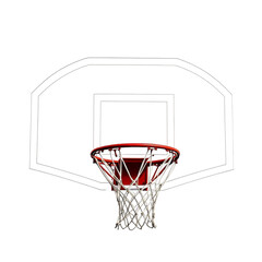 A close up of a basketball hoop with a red rim and a white net on a black background isolated shot