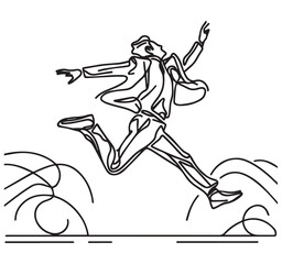 Fototapeta premium Dynamic Abstract Continuous Line Art Man in Suit Leaping Running Minimalist Black White