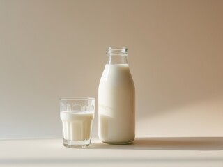 A Bottle and a Glass of Fresh Milk on a Beige Background, Minimalist Composition.