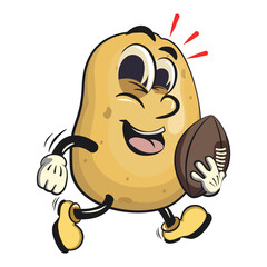 cute cartoon potato mascot vector playing rugby and american football, happy smiling character isolated on transparent background, work of hand drawn