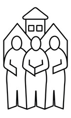 simple line art depicting a group of three people standing in front of a building. A simple and symbolic illustration