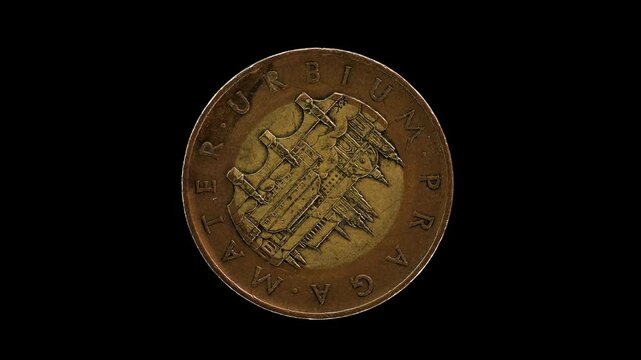 Czech Republic 50 korun 2008 reverse showing large denomination with Charles Bridge gateway, macro loop on black background