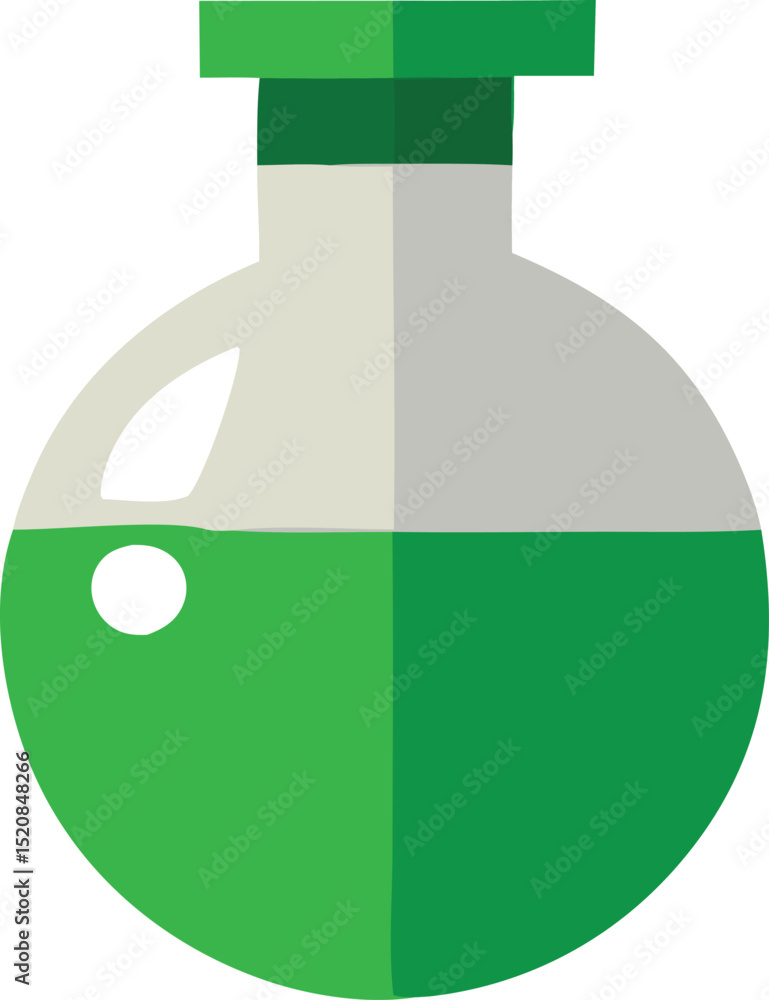 Poster green liquid in a round bottom flask with a green stopper
