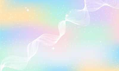 Pastel rainbow background with soft gradient, white flowing wave lines, dreamy sparkles, and light fantasy feel. Perfect for modern, cute, and aesthetic digital designs.