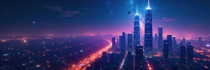 Obraz premium A futuristic cityscape at night, towering skyscrapers reaching towards the stars, representing the vastness and ambition of a universal corporation , advanced, progress