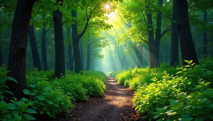 Obraz premium A winding path through a lush green forest, sunlight dappling through the leaves, leading to an unseen destination Perfect for adventure, travel, exploration, and nature themes , trail, ecosystem