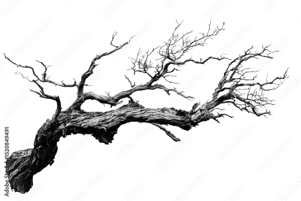 Poster a grayscale image of a gnarled, dead tree branch, isolated against a transparent background backgrou