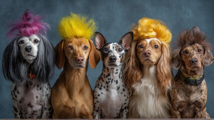 Playful group of five dogs lined up with colorful styled hair posing against blue background, showing unique and fun grooming styles in studio setting