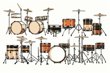 Different drum kits arranged in an artistic composition for music enthusiasts and creators