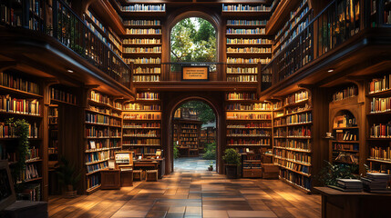 Obraz premium Inside a computer, a digital library houses a vast collection of books, signifying the limitless reach of online learning