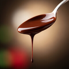 Silver spoon with melted dark chocolate long drip