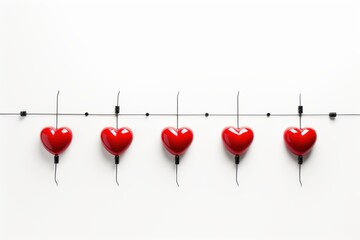 Colorful red hearts arranged in a straight line on a minimalistic background