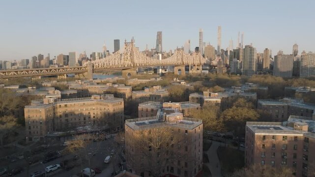 Aerial view of Queensbridge Houses at sunrise. Shot in Long Island City, Queens.