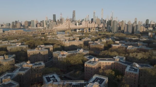 Aerial view of Queensbridge Houses at sunrise. Shot in Long Island City, Queens.