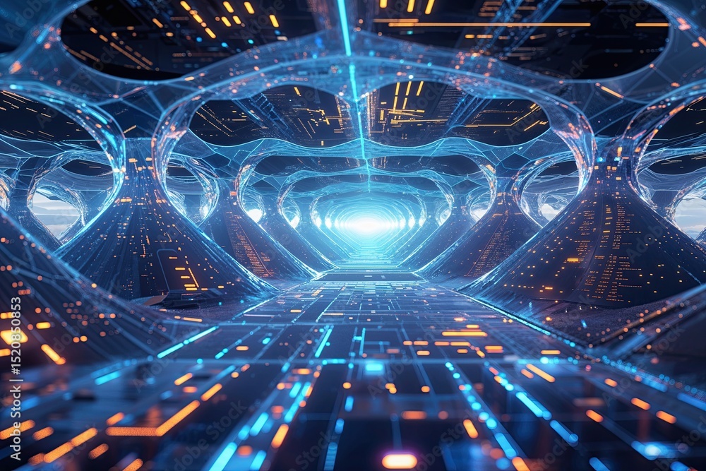 Poster exploring quantum computing and its impact on the future of cybernetic web landscapes
