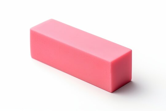 Bright pink rectangular rubber eraser on a white background for office and school use