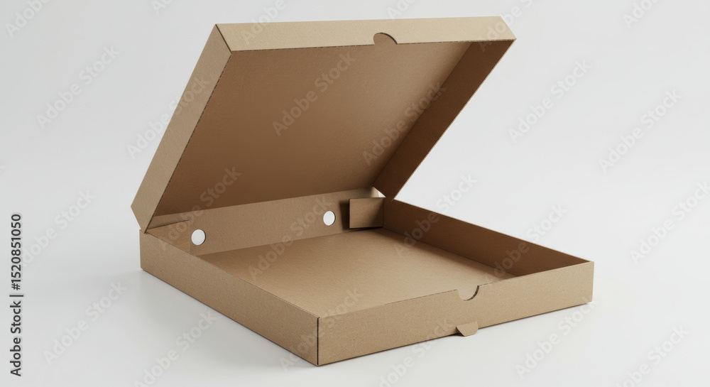 Poster empty open pizza box on a plain background. empty cardboard pizza box open, showing interior, with a