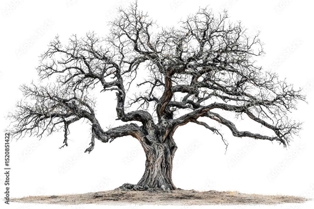 Poster ancient, gnarled tree with sprawling branches, standing alone in a winter landscape background remov
