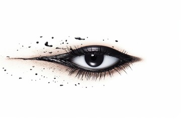 Close-up of an eye with dramatic eyeliner and artistic splashes of black ink on a white background