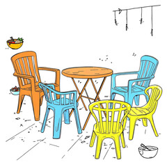 Cartoon illustration of orange table with blue yellow and orange chairs and food on a black background