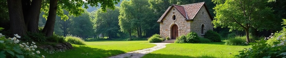 Obraz premium A serene depiction of monastic life, featuring a simple stone edifice and lush, contemplative gardens Perfect for themes of peace, spirituality, and solitude , monk, church
