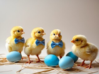 Adorable Easter Chicks with Blue Bow Ties and Eggs, A Celebration of Spring.