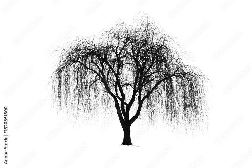 Poster a grayscale weeping willow tree, isolated on a transparent background, its branches draped with long