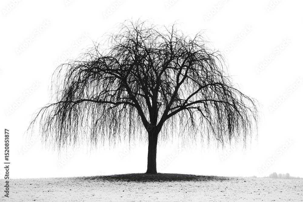 Poster a solitary, snow-dusted weeping willow tree stands stark against a muted transparent background back