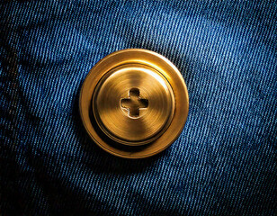 Close-up of denim weave with large brass button contrast lighting 