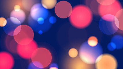 Vibrant bokeh lights. Bright blur light effect. Abstract blurred background. Blue, red and orange. Vector illustration.