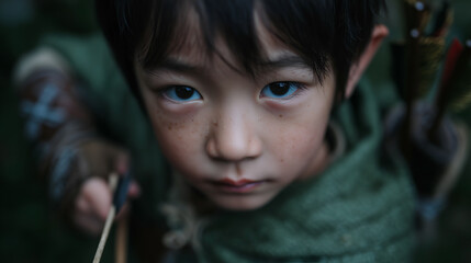 a close-up of a young boy with piercing eyes, holding a bow and arrow, creating a sense of adventure and determination