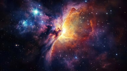 Vibrant cosmic nebula glows with bright stars and colorful gases, creating a stunning celestial scene in the universe.