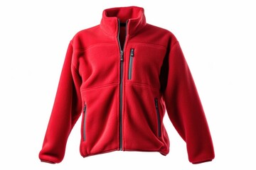 Red fleece jacket displayed on white background for outdoor apparel promotion
